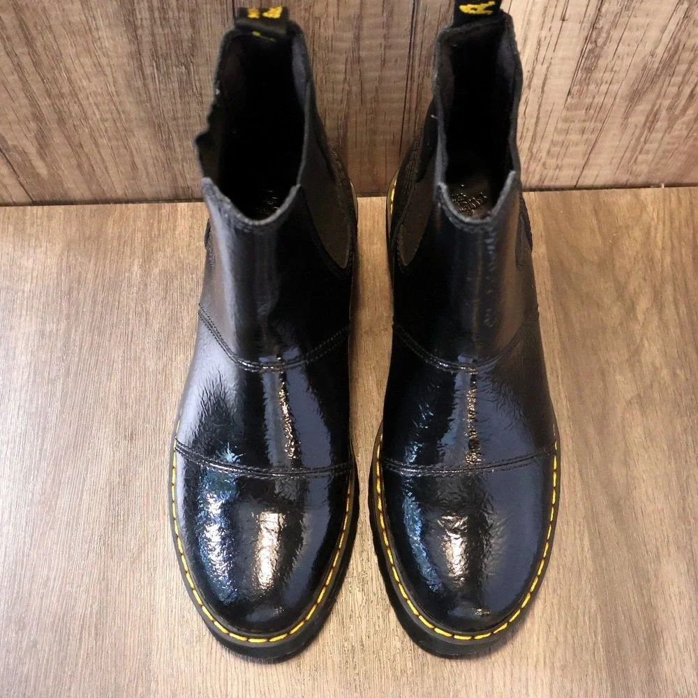 Dr. Martens Rozalie Distressed Patent Heeled Chelsea Boots Black Melbourne Sz 6